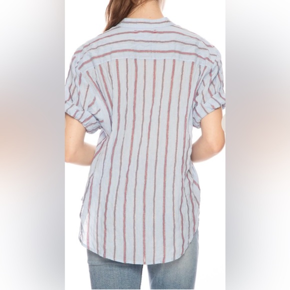 Xirena Striped Cotton Button Front Tunic Shirt Blue Oversized Short Sleeve Small - Picture 3 of 12